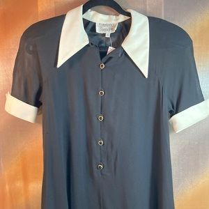 Vintage 90’s black sheer lined dress white collar & cuff 126 28” chest 38” waist